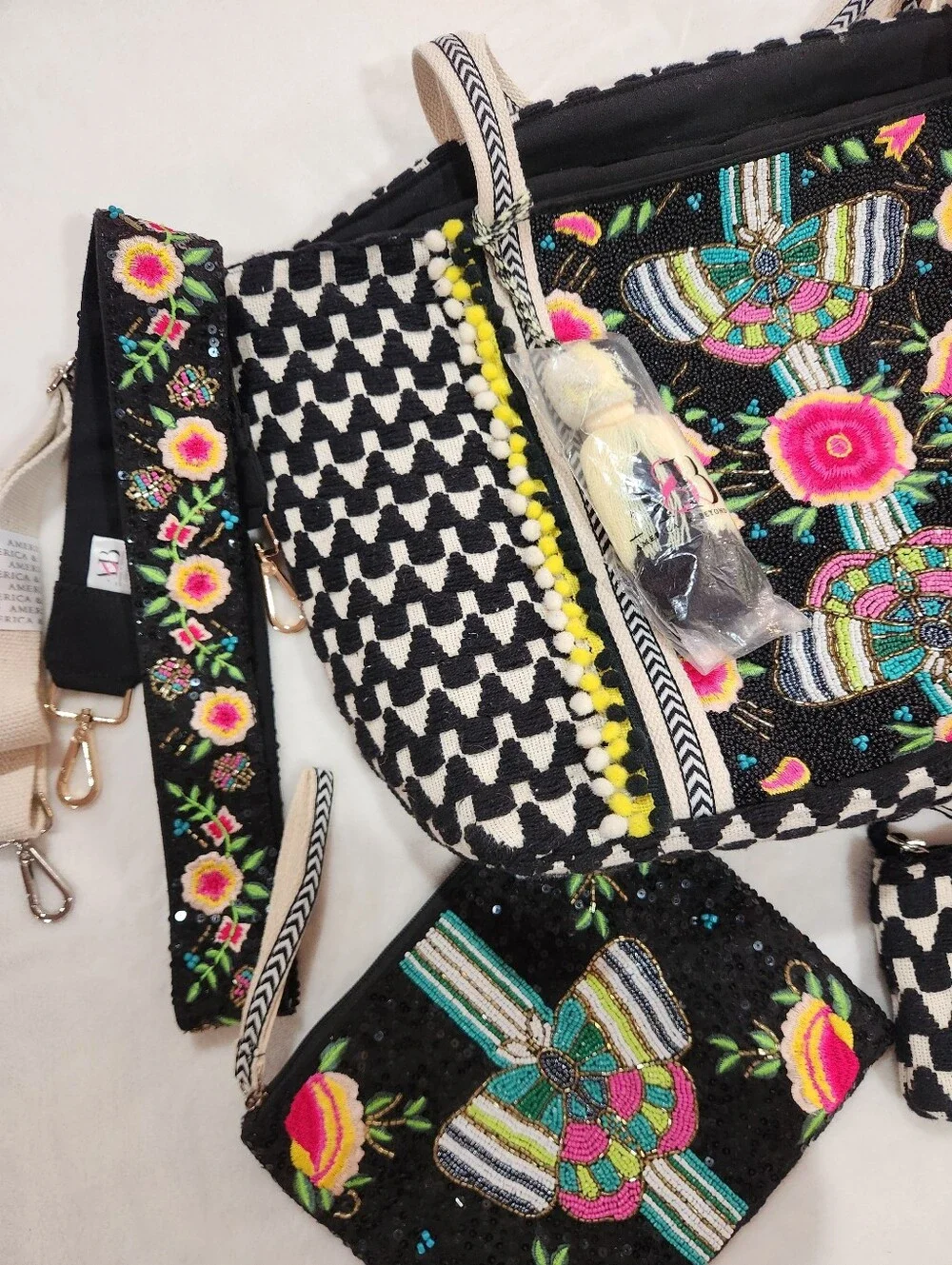 America & Beyound Embroidered/Embellished Floral Set: Tote, Pouch & Coin Purse